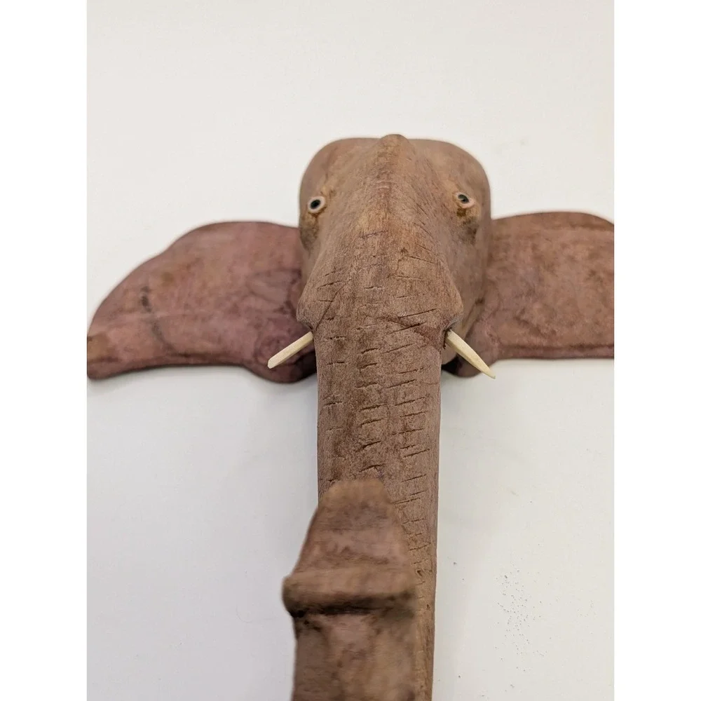 Vintage Hand Carved Wood Elephant Head Wall Decor Key Hook Holder India